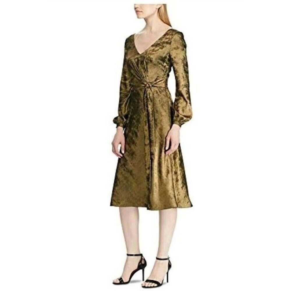 Ralph Lauren Womens Sz 2 Wrap Front Surplice Flare Midi Dress Gold Long Sleeve